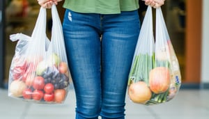 A woman is carrying plastic shopping bags filled with groceries