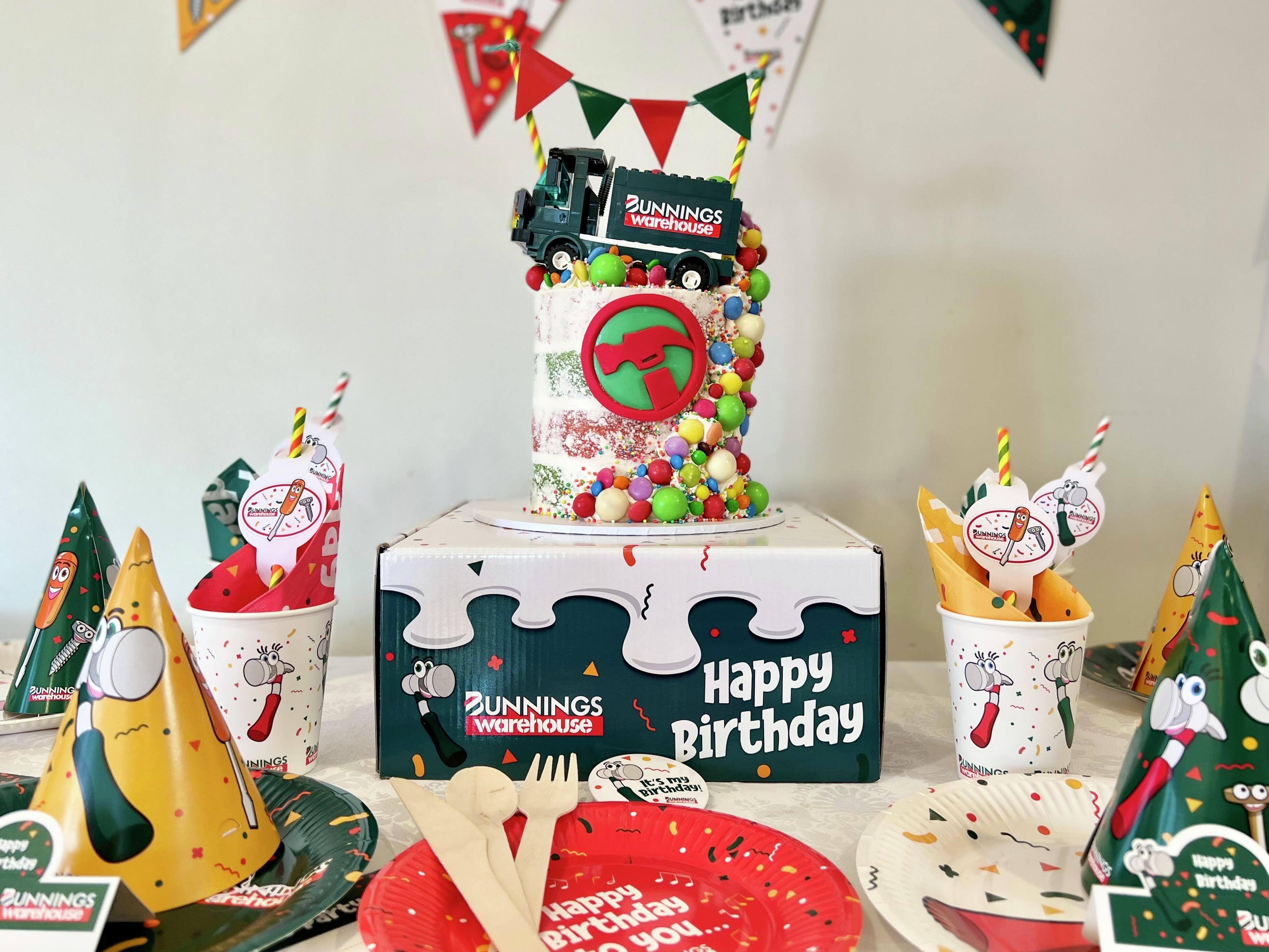 Image of a Bunnings Birthday Pack set up with a cake Image of a Bunnings Birthday Pack set up with a cake