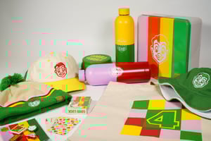 An assortment of colourful Four Square 100th birthday merchandise