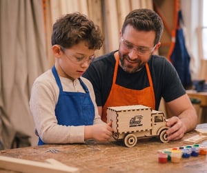 Father and son building a custom branded wooden craft kit at an in store kids workshop