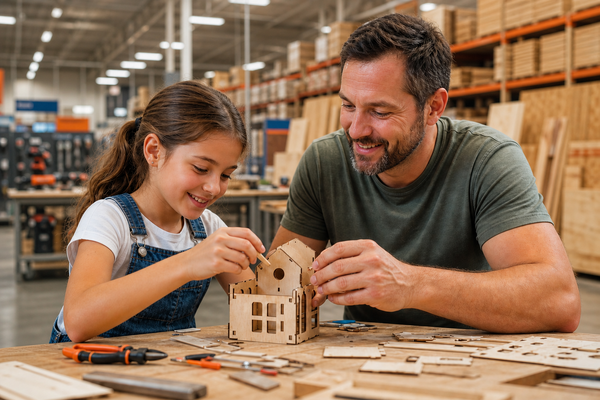 Father and daughter building a branded wooden craft kit at a Novelli in-store kids workshop