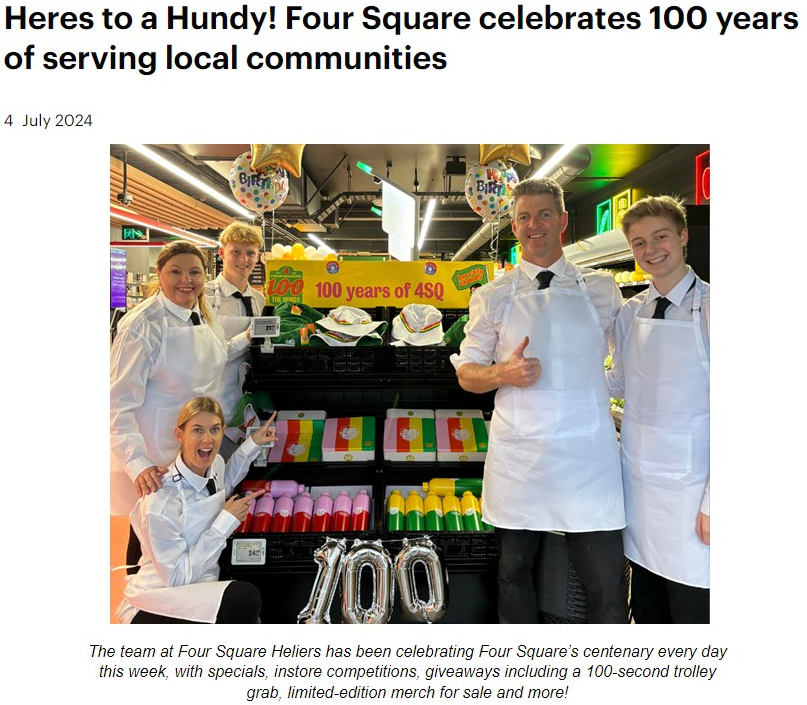 Publicity photo of staff at a Four Square store celebrating the companys 100th birthday with branded merchandise